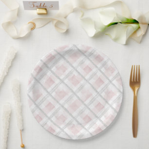 Pink White Silver Glitter Squares Wedding Paper Plate