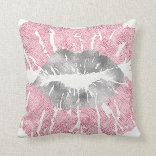 Pink White Silver Grey Glitter Kiss Lips Makeup Throw Pillow