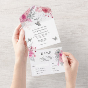 Pink white silver rose glam butterfly luxury  all in one invitation