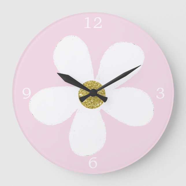 Pink White Simple Daisy Gold Large Clock (Front)