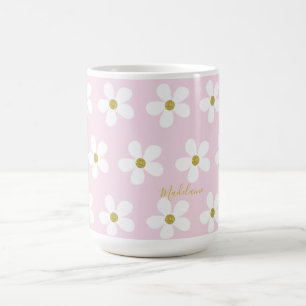 Pink White Simple Daisy Gold Personal Coffee Mug