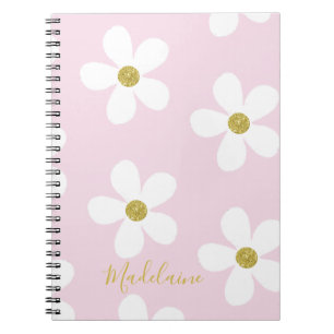 Pink White Simple Daisy Pattern Gold School Notebook