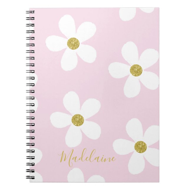 Pink White Simple Daisy Pattern Gold  School Notebook (Front)