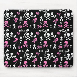 Pink & White Skull & Crossbones Black Mouse Pad