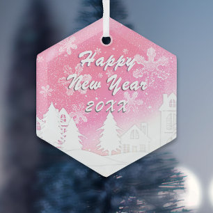 Pink White Snow House Happy New Year Glass Ornament