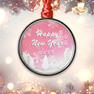 Pink White Snow House Happy New Year Metal Ornament