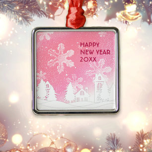 Pink White Snow House Happy New Year Metal Ornament