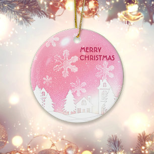 Pink White Snow House Merry Xmas New Year Ceramic Ornament