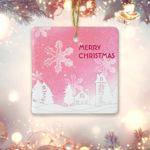 Pink White Snow House Merry Xmas New Year Ceramic Ornament