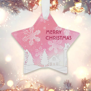 Pink White Snow House Merry Xmas New Year Ornament