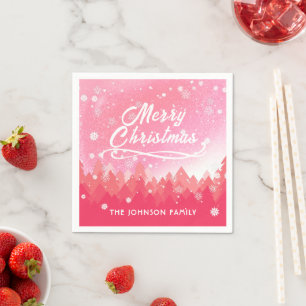 Pink White Snow Peaceful Forest Merry Christmas Napkin