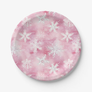Pink White Snowflake Watercolor Pattern Girly  Paper Plate
