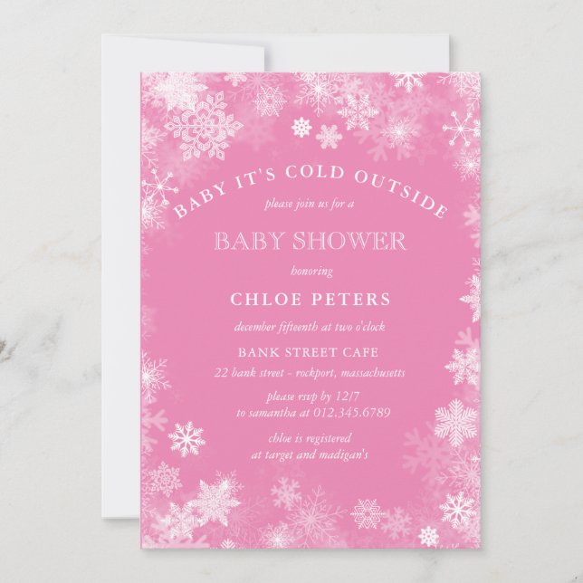 Pink White Snowflake Winter Girl Baby Shower Invitation (Front)