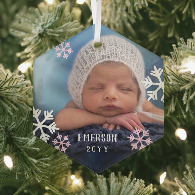 Pink White Snowflakes Baby Photo Add Name & Year Glass Ornament (Insitu)
