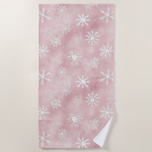 Pink White Snowflakes Christmas Beach Towel