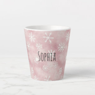 Pink White Snowflakes Christmas Latte Mug