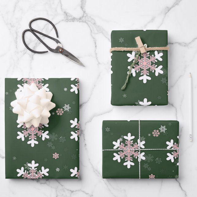 Pink White Snowflakes Green  Wrapping Paper Sheet (Front)