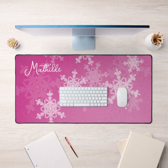 Pink White Snowflakes Minimalist Christmas Name Desk Mat (Office 1)