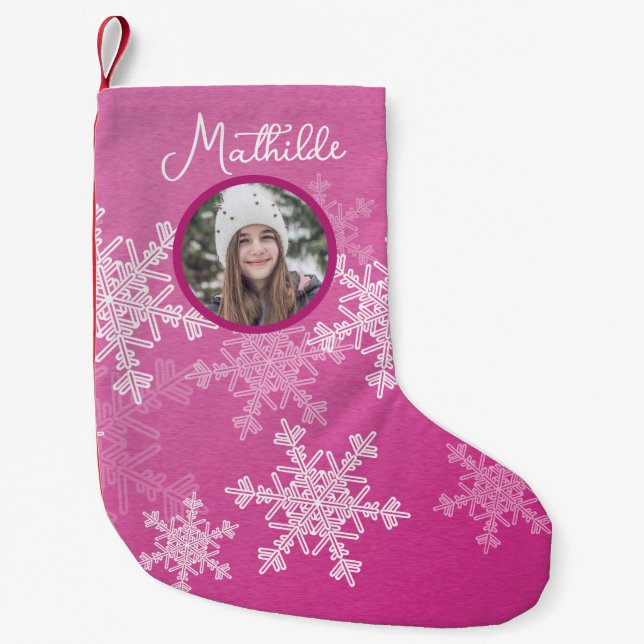Pink White Snowflakes Minimalist Christmas Photo Small Christmas Stocking (Front)