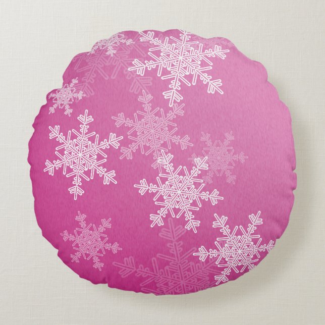 Pink White Snowflakes Minimalist Christmas Round Pillow (Front)