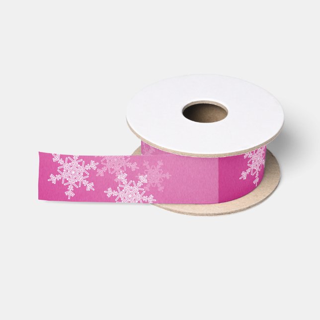Pink White Snowflakes Minimalist Christmas Satin Ribbon (Spool)