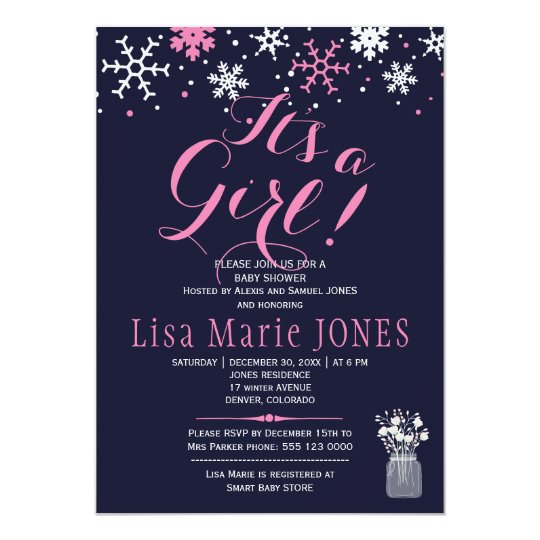 Pink white snowflakes navy blue girl baby shower card