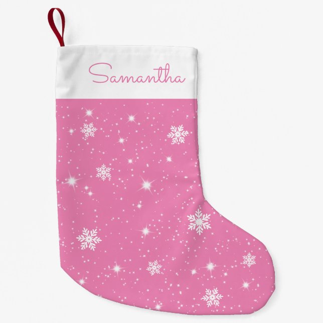 Pink White Snowflakes Stars Pattern with Name Small Christmas Stocking (Front)