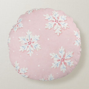 Pink White Snowflakes Stripes Christmas Round Pillow