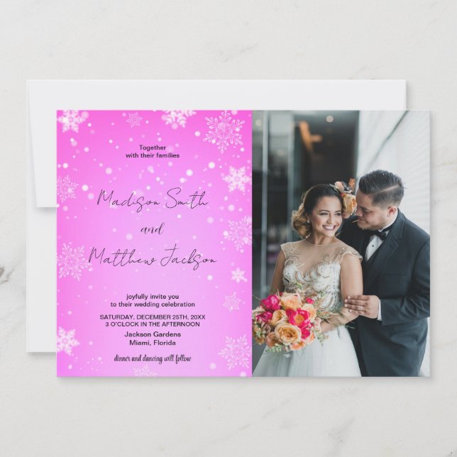 Pink White Snows Wedding Invitations with photo (Front)