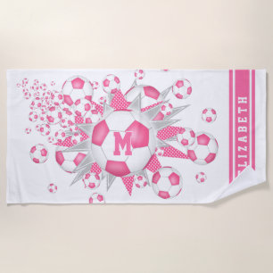 Pink white soccer ball blowout girls custom name Beach Towel