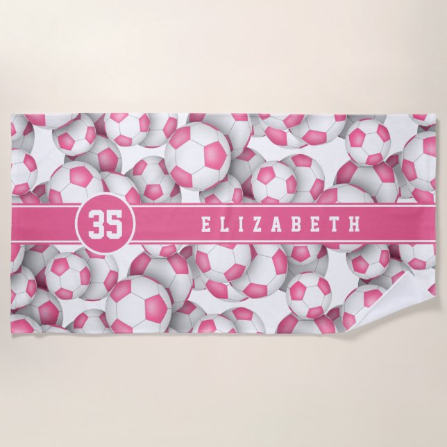 Pink white soccer balls pattern custom girls name  beach towel (Front)