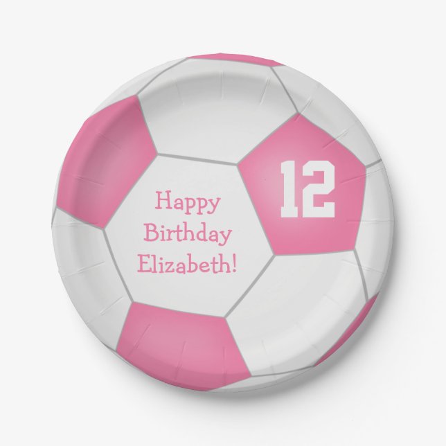 pink white soccer themed birthday party paper plate (Front)