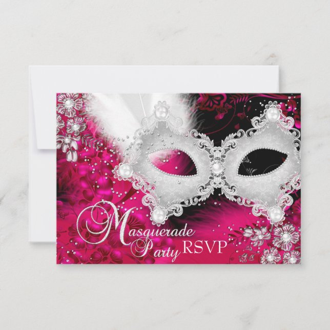 Pink White Sparkle Mask Masquerade Party RSVP (Front)