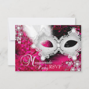 Pink White Sparkle Mask Masquerade Party RSVP Card