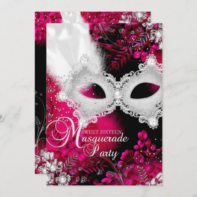 Pink & White sparkle Mask Masquerade Sweet 16 Invitation (Front/Back)