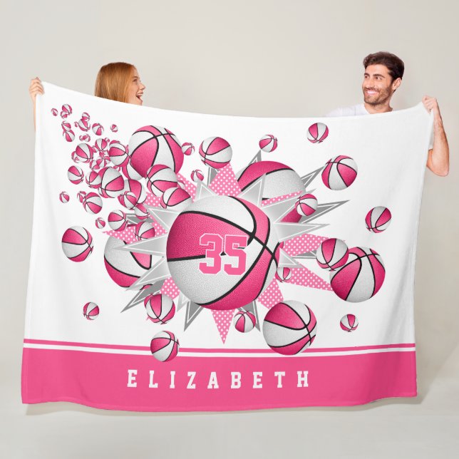 pink white sports room girls basketball blowout fleece blanket (In Situ)