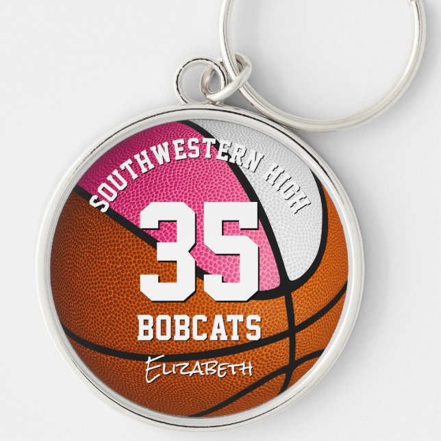 pink white sports team name girls basketball keychain (Front)