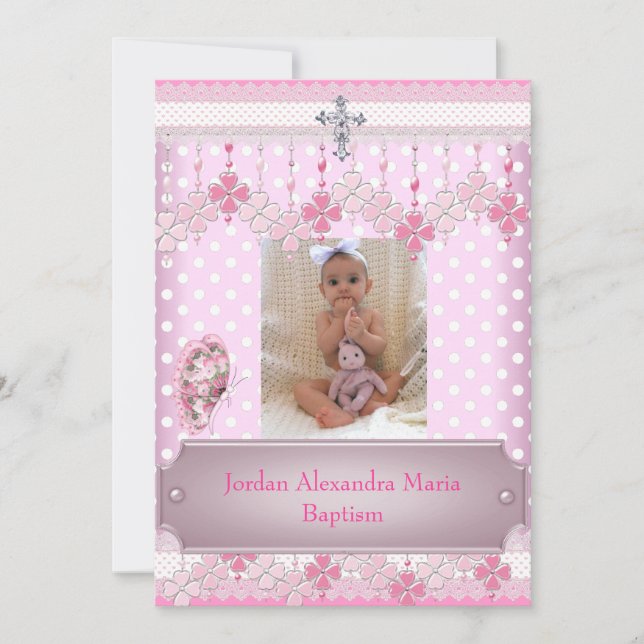 Pink White Spot  Photo Frame Cross Baptism 2 Invitation (Front)