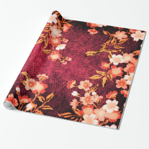 PINK WHITE SPRING FLOWERS ,ANTIQUE RED FLORAL WRAPPING PAPER