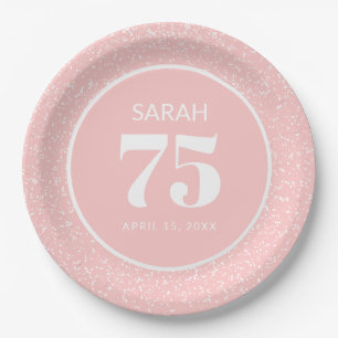 Pink White Stardust Glitter 75th Birthday Party Paper Plate