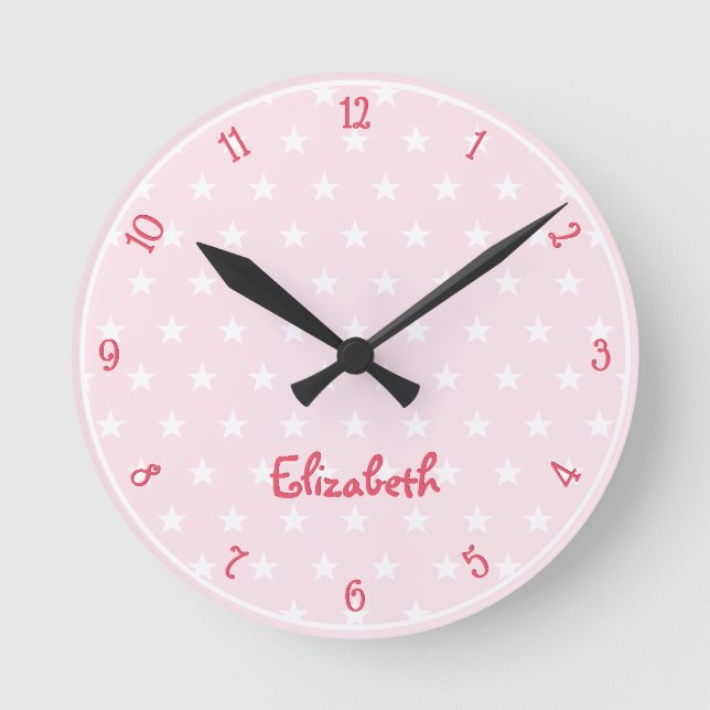 Pink White Stars Custom Name Girls Room Nursery Round Clock (Front)