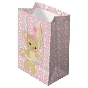 PINK & WHITE STARS & TAN TEDDY BEAR BALLOONS MEDIUM GIFT BAG
