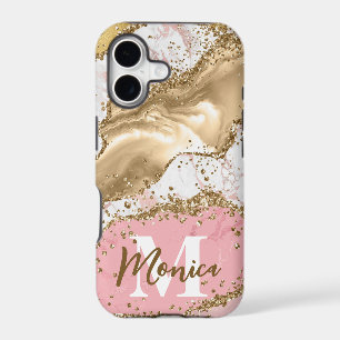 Pink & White Stone and Gold Glitter Agate Monogram