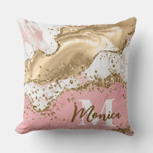 Pink & White Stone and Gold Glitter Agate Monogram Throw Pillow