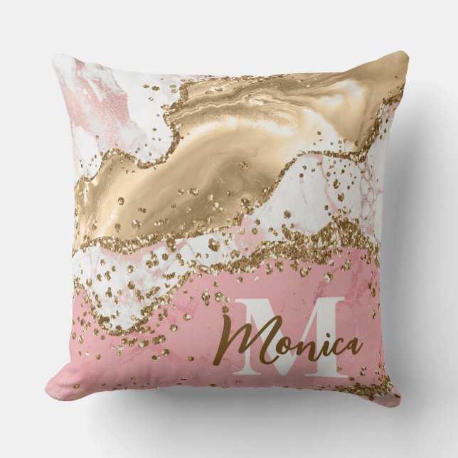 Pink & White Stone and Gold Glitter Agate Monogram Throw Pillow (Front)