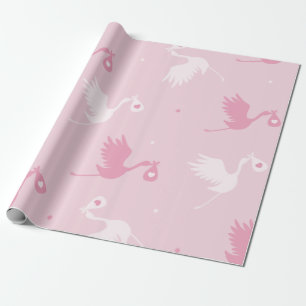 Pink & White Stork Bird Delivery Pattern Dotted Wrapping Paper