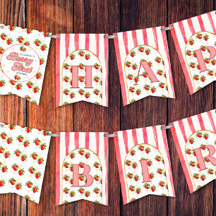 Pink White Strawberry Berry First Happy Birthday Bunting Flags