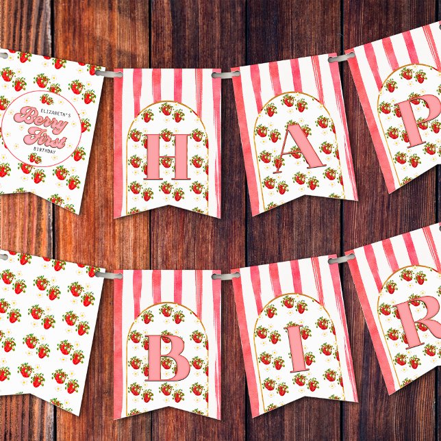 Pink White Strawberry Berry First Happy Birthday Bunting Flags (Creator Uploaded)