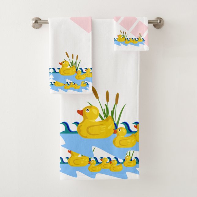 Pink & White Stripe Bathroom Towel Sets Ducks (Insitu)