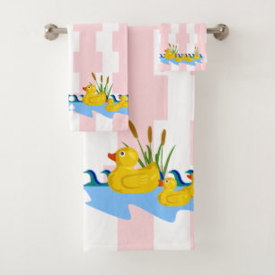 Pink & White Stripe Bathroom Towel Sets Ducks